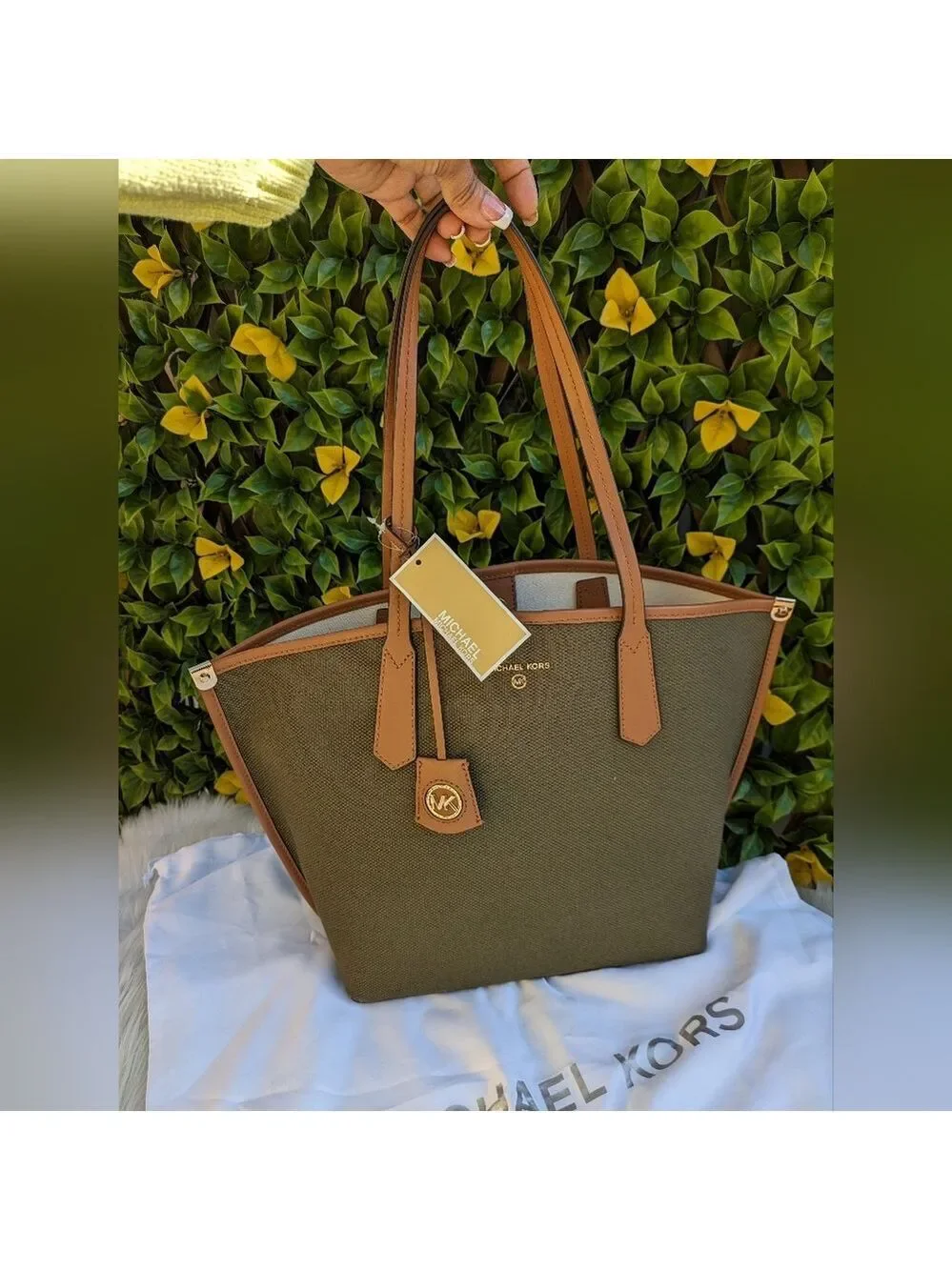 Michael Kors Emilia Large Tote Bag Olive Canvas Brown Leather Trim Gold Hardware
